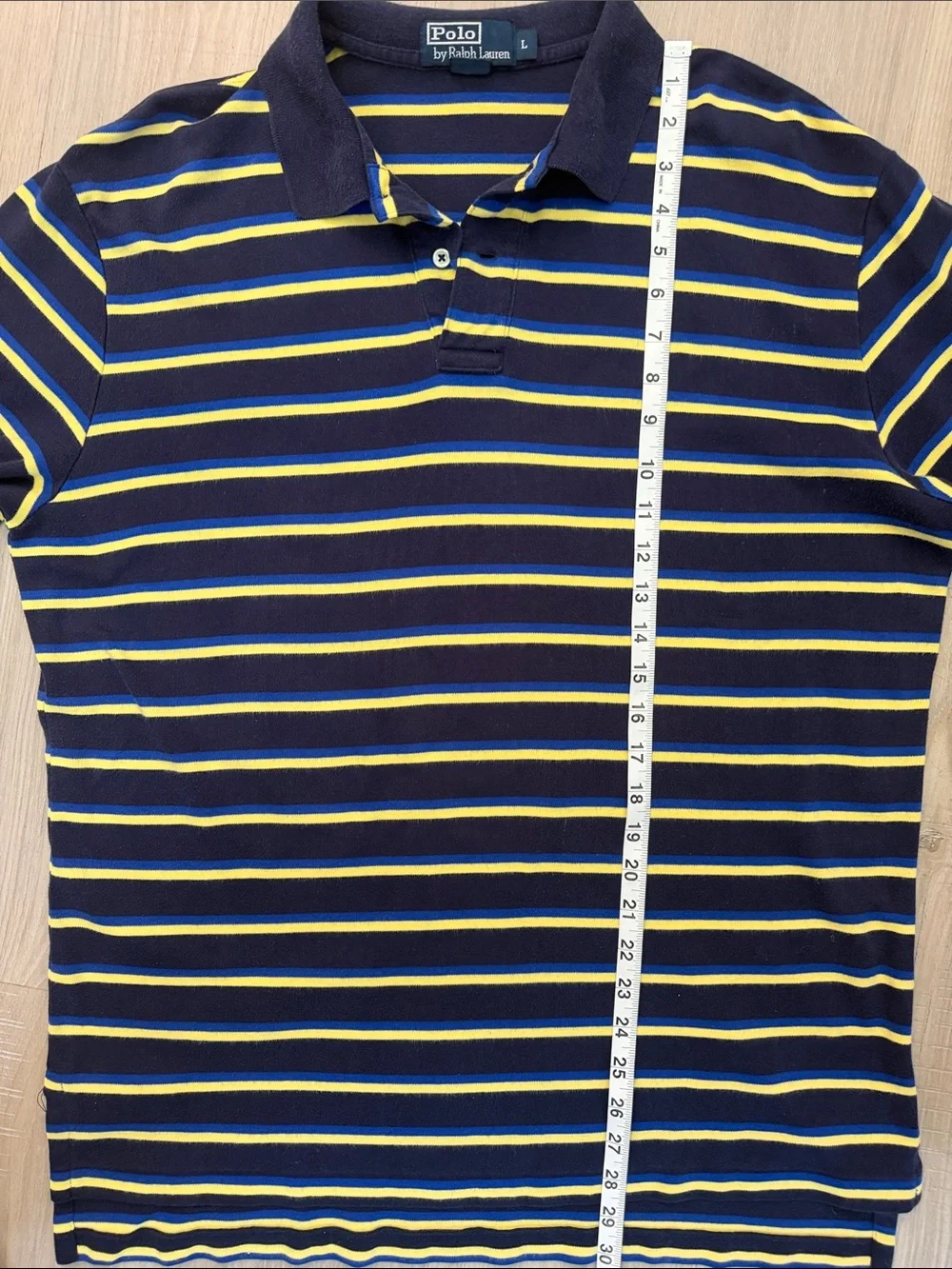 Vintage Ralph Lauren Polo Silver Label Navy and Yellow Striped Polo.  Sz L